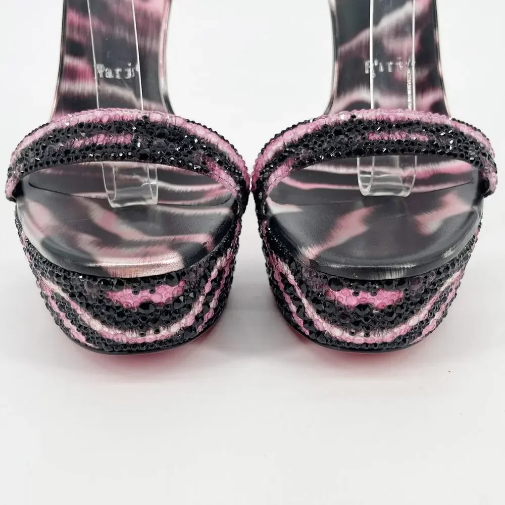 Christian Louboutin Loubi Queen Alta Pink Black Strass Platform Sandals EU 42